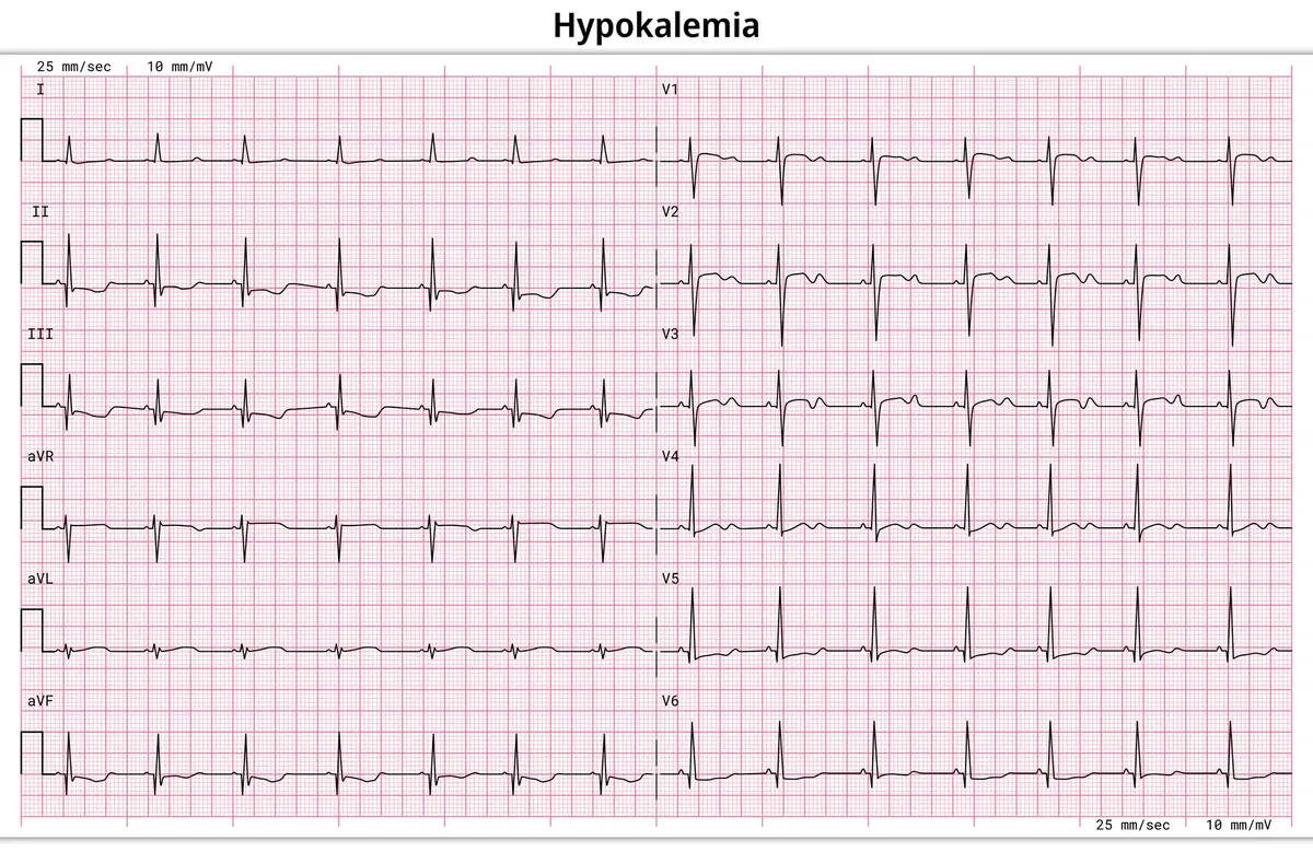 EKG bei Hypokaliämie: flache T-Wellen, U-Wellen und ST-Veränderungen.