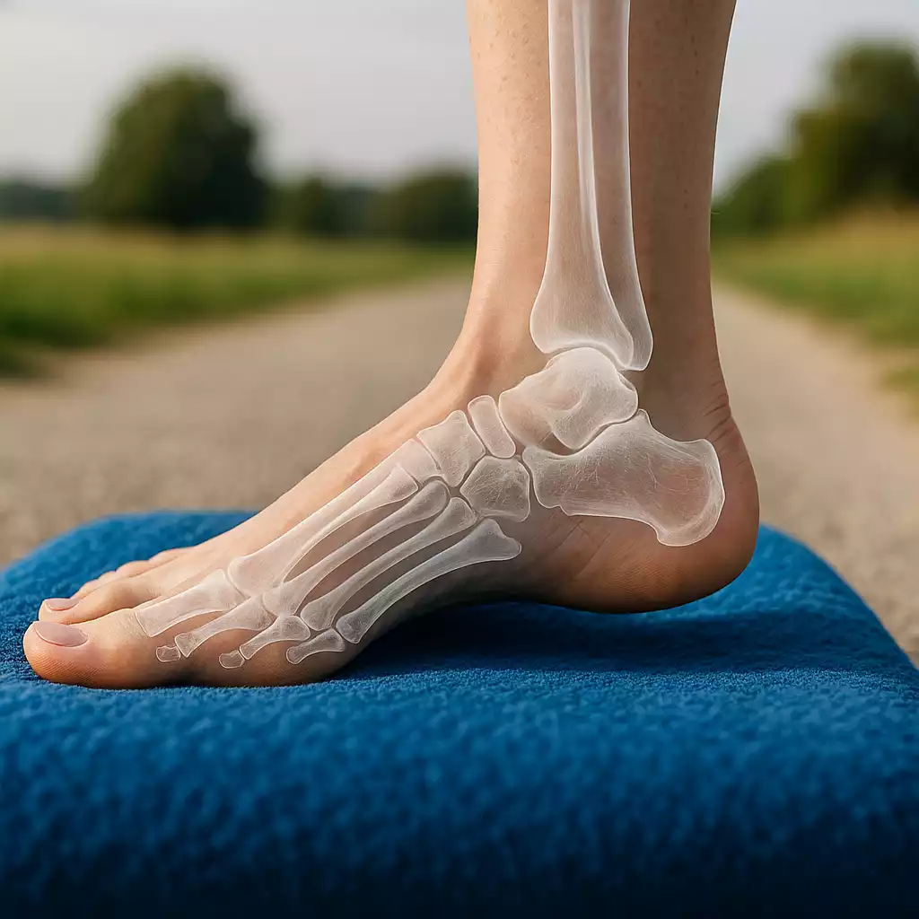 Peronealsehnenentzündung behandeln in München – Fußaußenkante auf Balancekissen zur Vorbereitung auf radiale Stoßwellentherapie