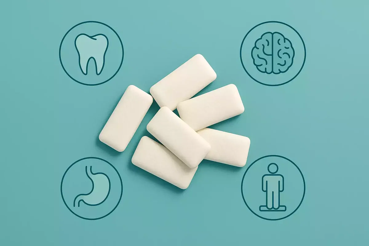 Zuckerfreier Kaugummi mit Symbolen für Zähne, Gehirn, Magen und Figur – gesundheitliche Wirkung von Chewing Gum