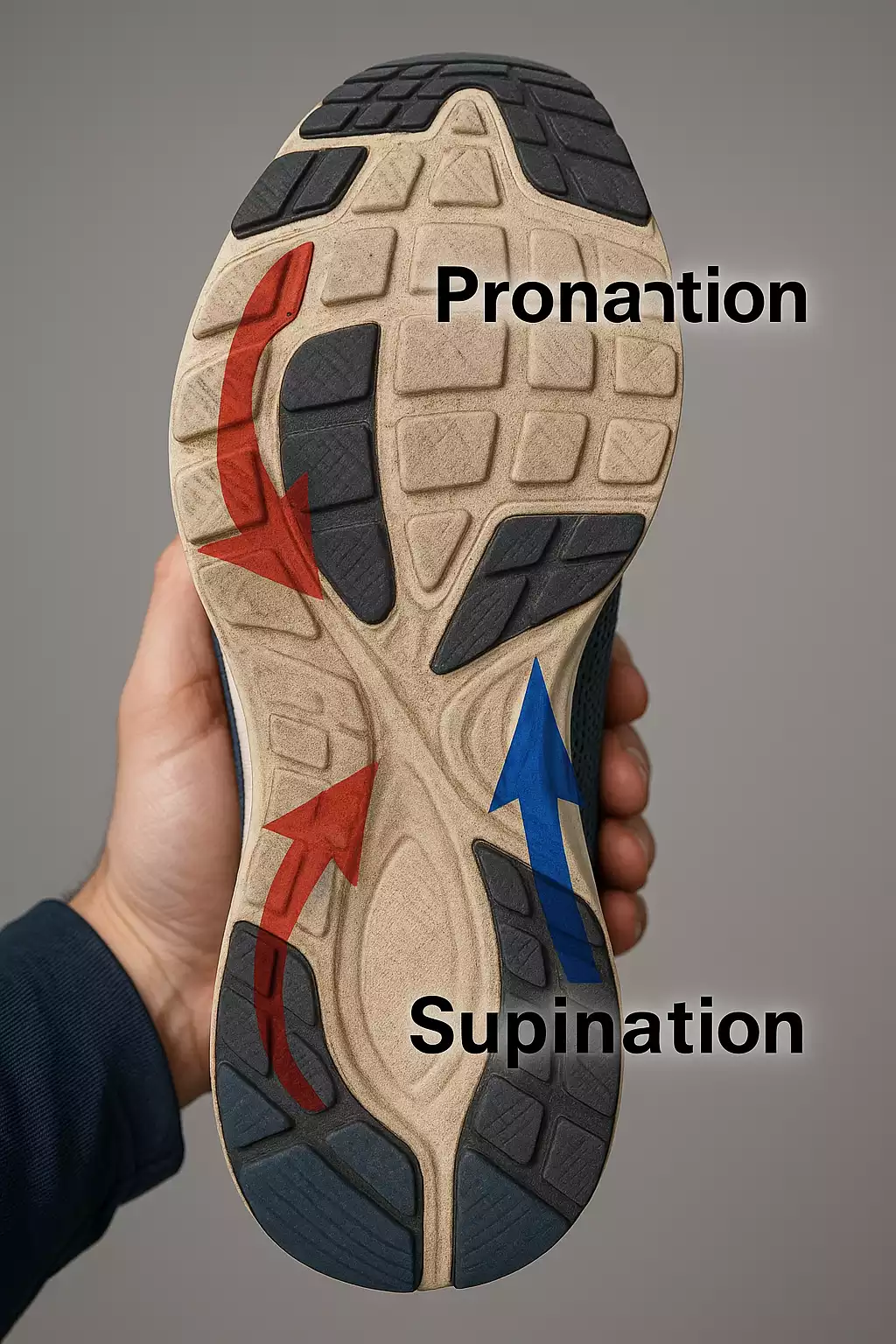 Schuhsohle mit Verschleißmuster bei Pronation und Supination – Hinweise auf Überlastung der Peronealsehne und Fußaußenkante