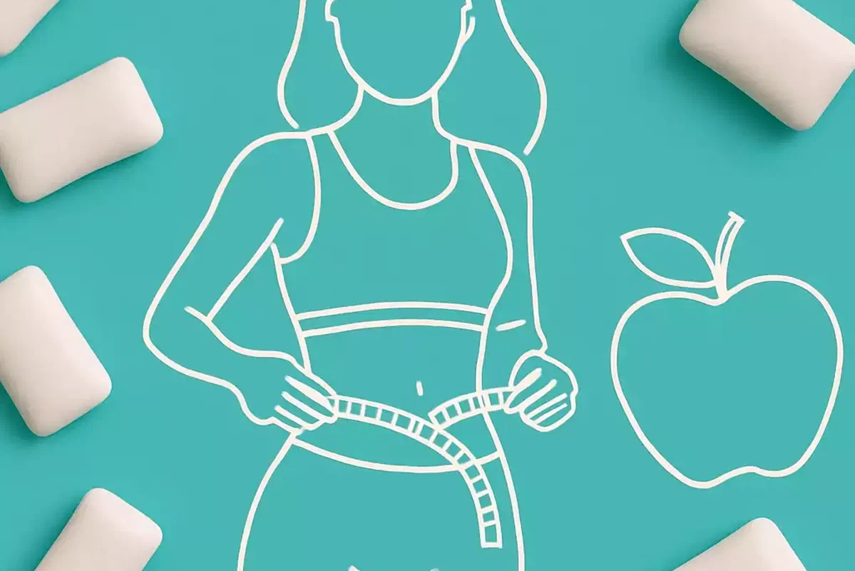 Frau mit Maßband und Kaugummi-Symbol – Kaugummi als Appetitbremse beim Abnehmen