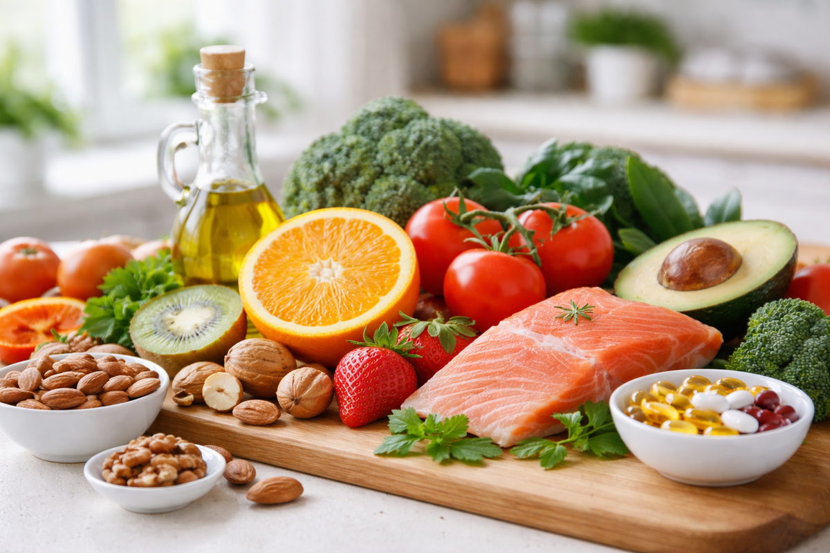 Ausgewogene Ernährung mit Gemüse, Obst, Fisch und Nüssen zur Vitaminversorgung