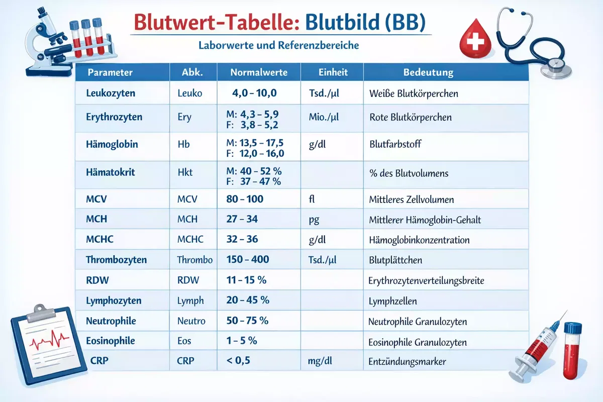 Große Tabelle wichtiger Blutwerte mit Abkürzungen, Normalwerten und Bedeutung