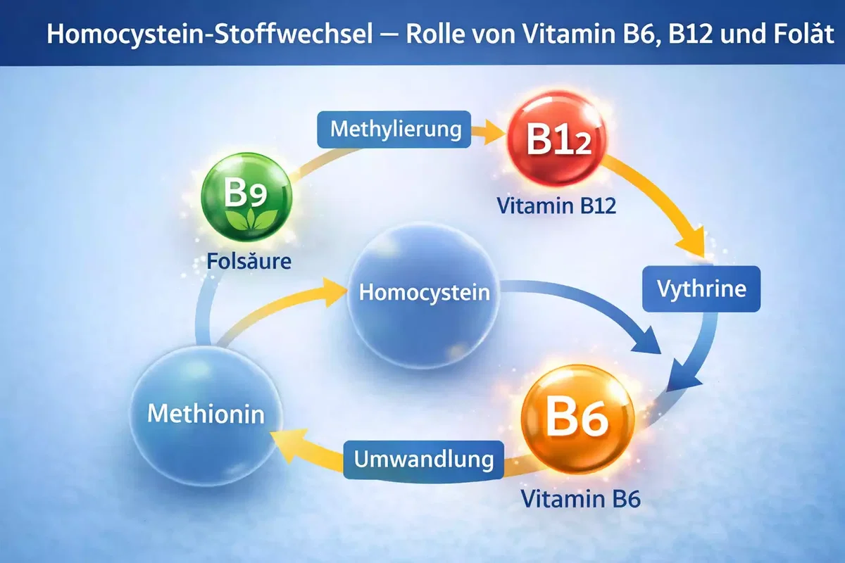 Homocystein Stoffwechsel mit Vitamin B12 Vitamin B6 und Folsäure