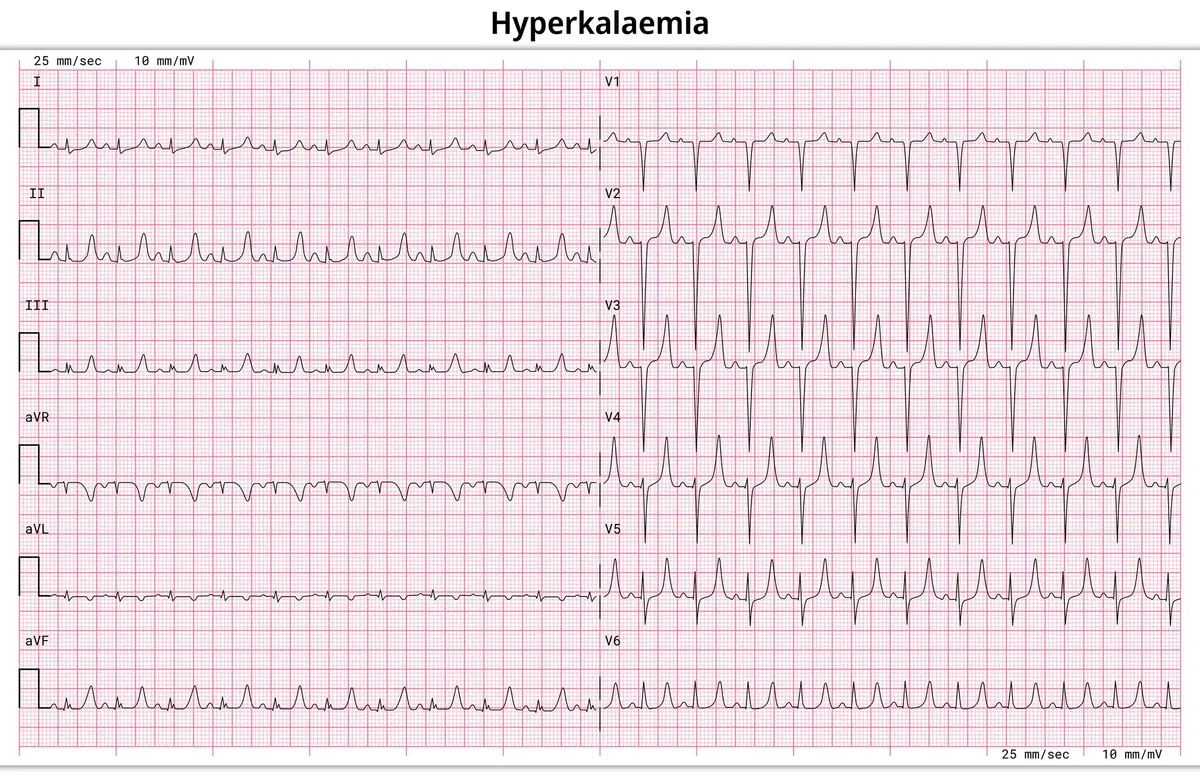 Hyperkaliämie im EKG: spitze T-Wellen und weitere typische Veränderungen