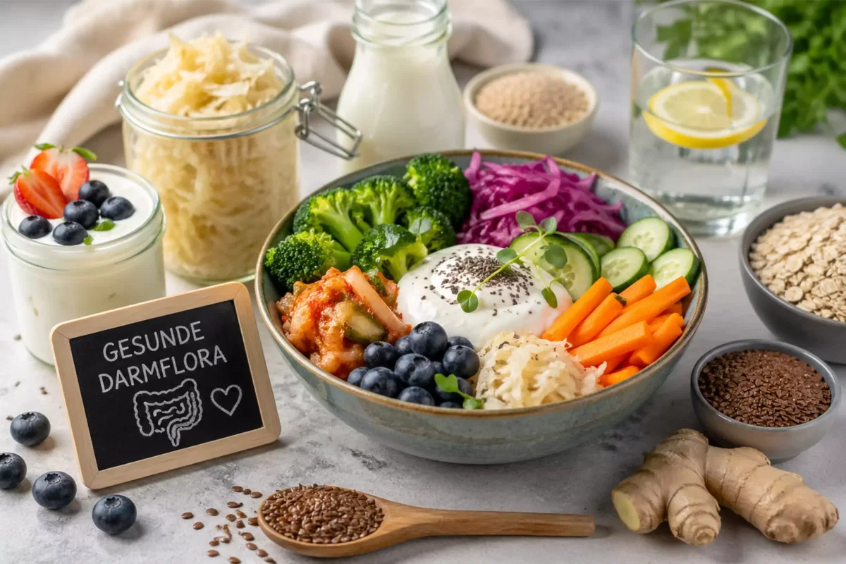 Darmflora aufbauen mit Naturjoghurt, Kefir, fermentiertem Gemüse, Ballaststoffen und gesunder Ernährung