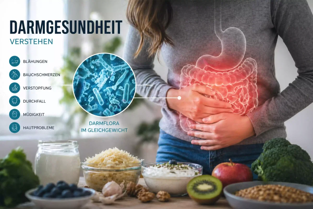 Darmgesundheit verstehen: gestörte Darmflora mit Blähungen, Bauchschmerzen, Verstopfung, Durchfall, Müdigkeit und Hautproblemen