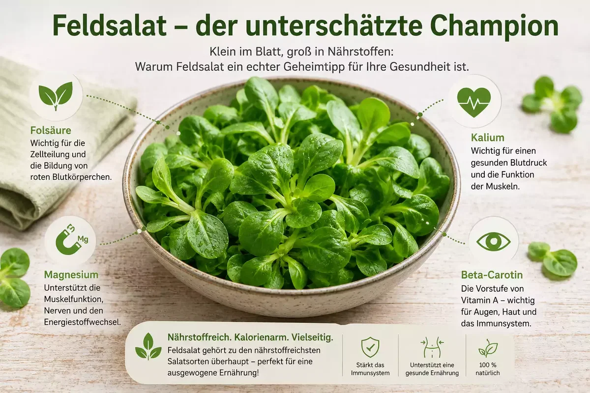 Feldsalat als unterschätzter Champion mit Folsäure, Kalium, Magnesium und Beta-Carotin