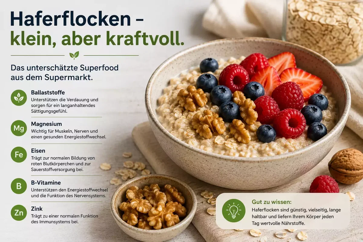 Haferflocken klein aber kraftvoll mit Ballaststoffen, Magnesium, Eisen, B-Vitaminen und Zink