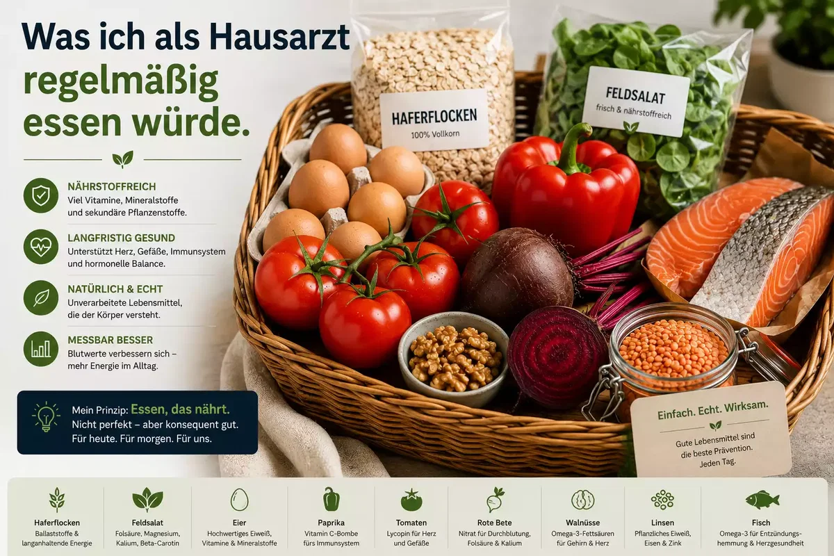Romanplatz Einkaufskorb mit Haferflocken, Feldsalat, Eiern, Paprika, Tomaten, Roter Bete, Walnüssen, Linsen und Fisch