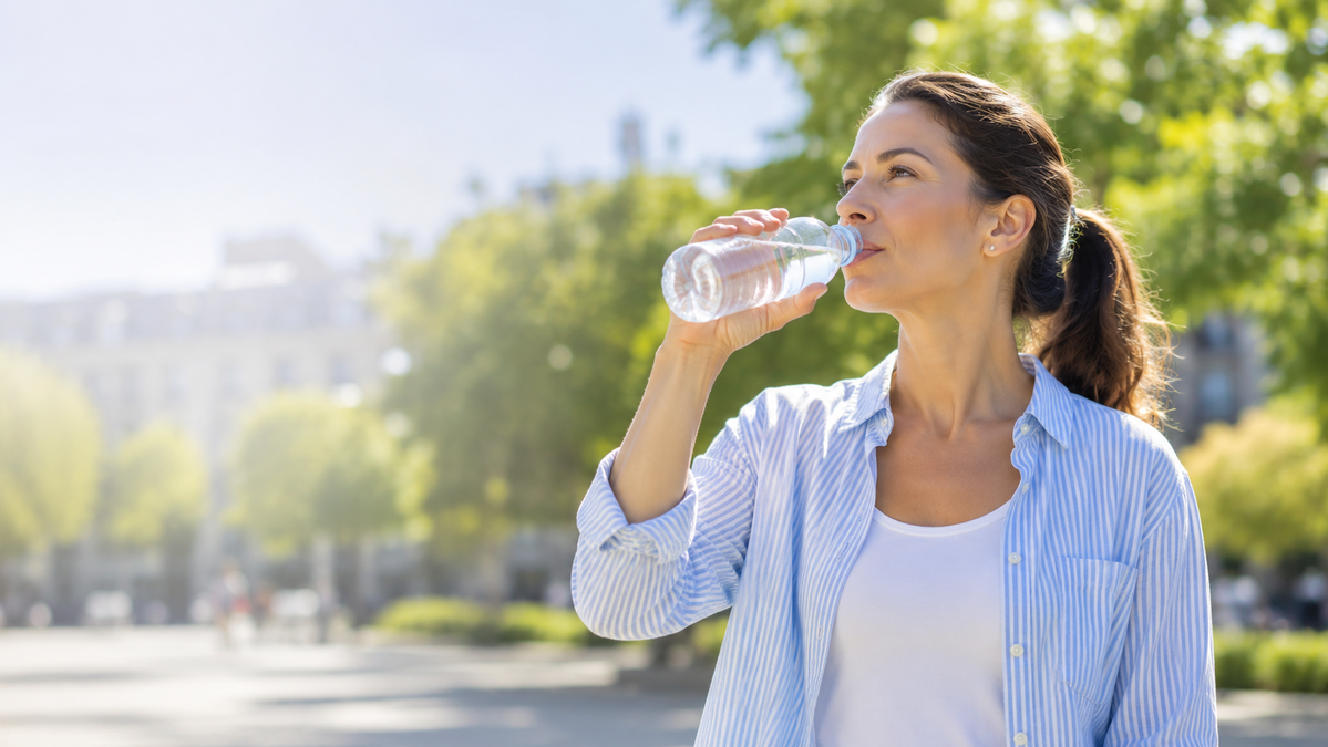 Frau trinkt bei sonnigem Wetter Wasser zur Vorbeugung von Dehydrierung