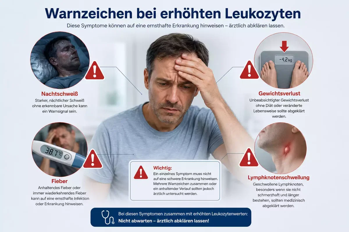 Warnzeichen bei erhöhten Leukozyten mit Fieber Nachtschweiß Gewichtsverlust und Lymphknoten
