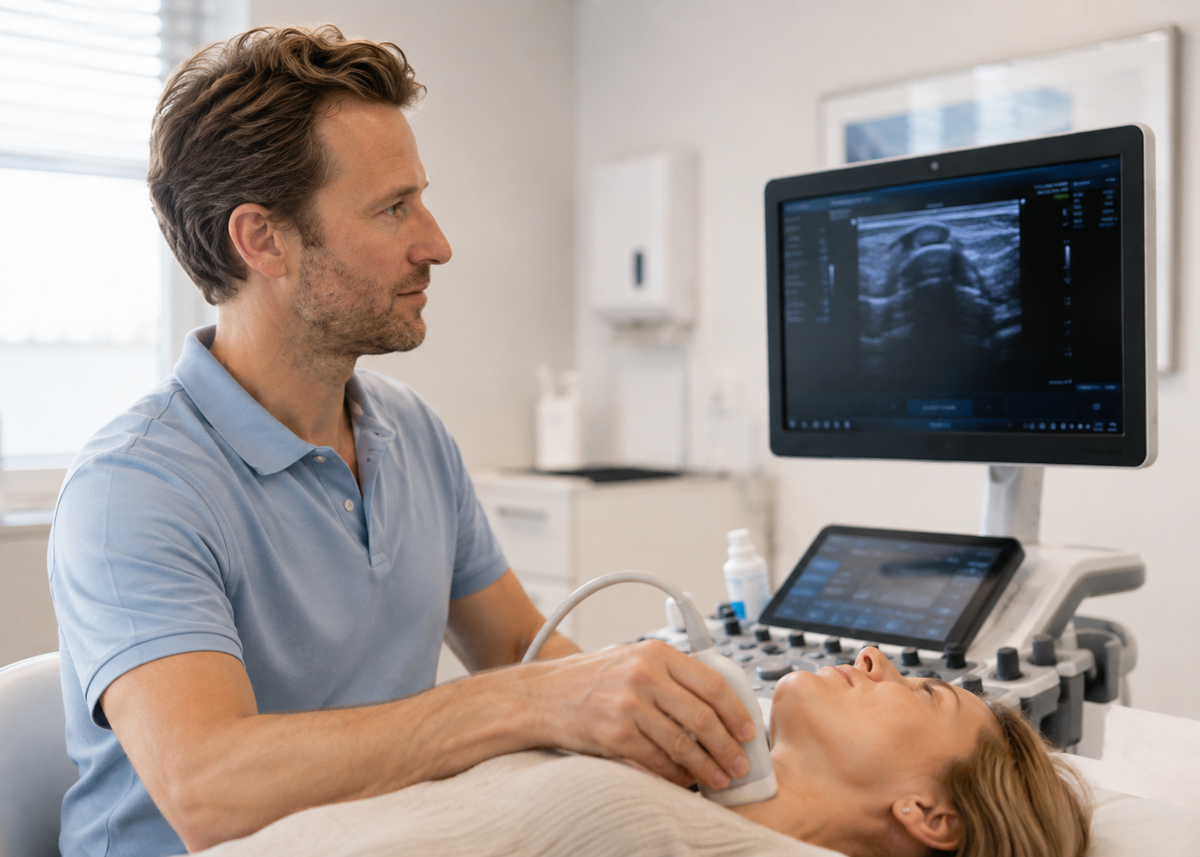 Dr. Brockmann führt einen Schilddrüsenultraschall am Hals einer Patientin durch