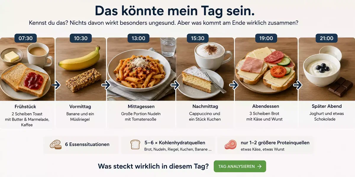 Typischer Ernährungstag mit Toast, Banane, Pasta, Kuchen, Brot und Joghurt
