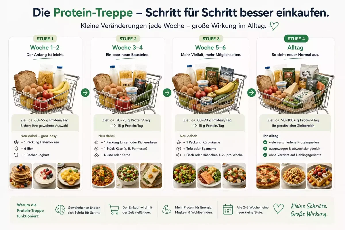 Protein-Treppe mit schrittweiser Steigerung des proteinreichen Einkaufs über mehrere Wochen