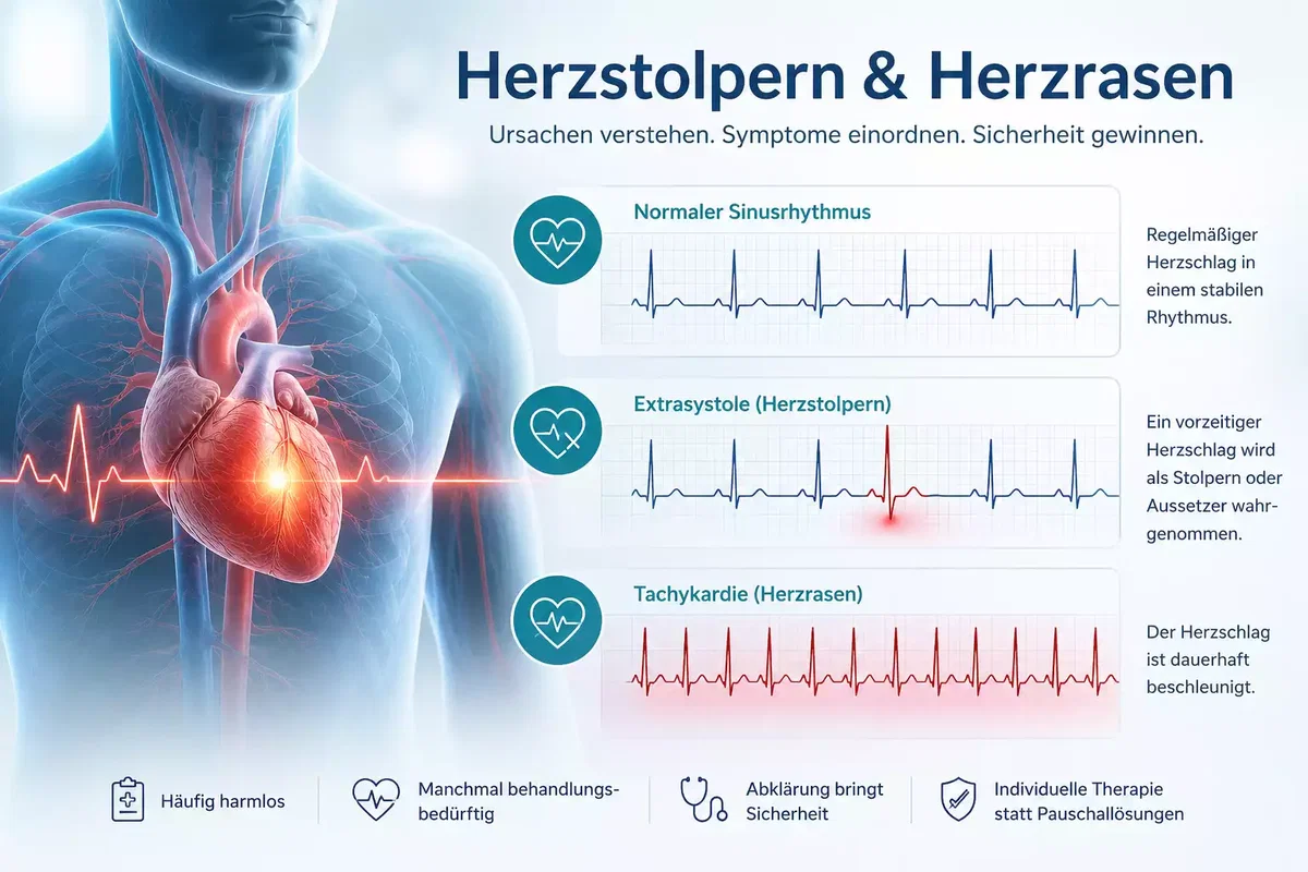 Herzstolpern und Herzrasen mit Extrasystolen im EKG