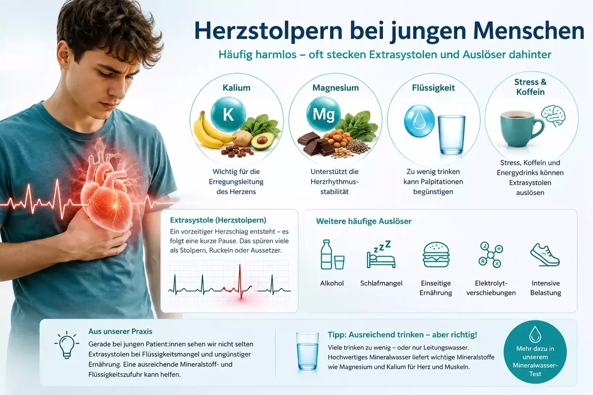 Herzstolpern bei jungen Menschen durch Extrasystolen Kalium Magnesium und Flüssigkeitsmangel