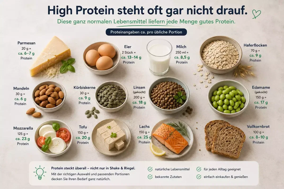 Normale proteinreiche Lebensmittel aus dem Supermarkt ohne High-Protein-Kennzeichnung