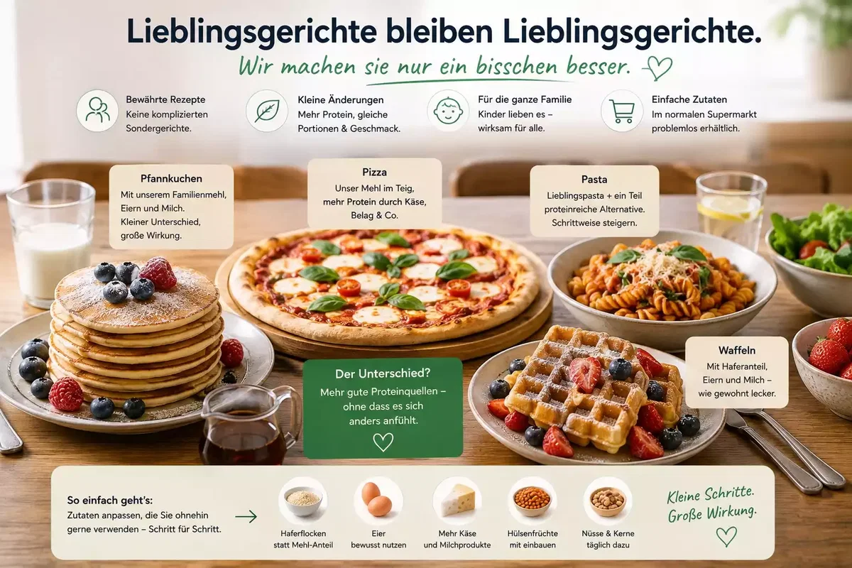 Pfannkuchen, Pizza, Pasta und Waffeln als beliebte Familiengerichte mit mehr Protein