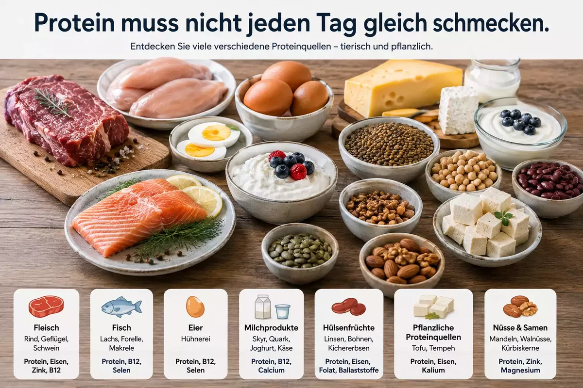 Viele verschiedene Proteinquellen wie Fleisch, Fisch, Eier, Milchprodukte, Hülsenfrüchte, Tofu, Nüsse und Samen