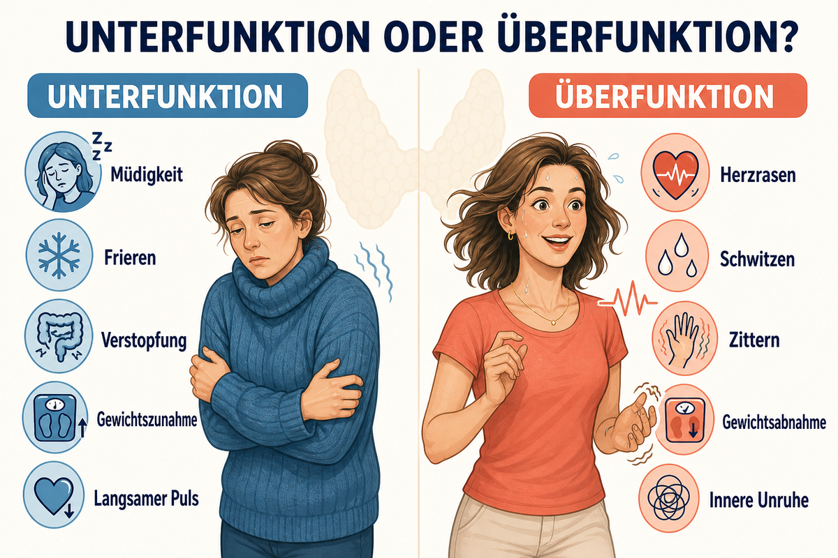 Infografik: typische Symptome von Schilddrüsenunterfunktion und Schilddrüsenüberfunktion im Vergleich